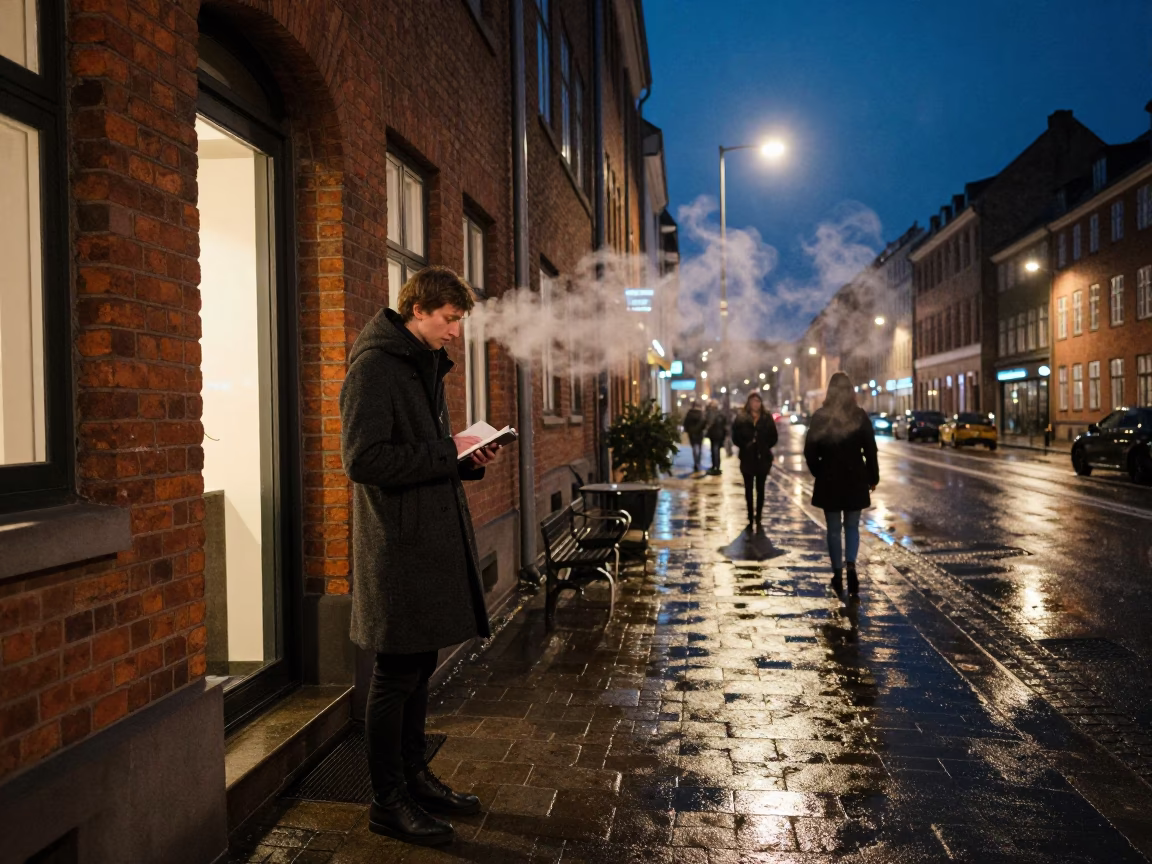 Late Night Copenhagen Street Scene with Notebook and Steam Haze in in Copenhagen, Denmark