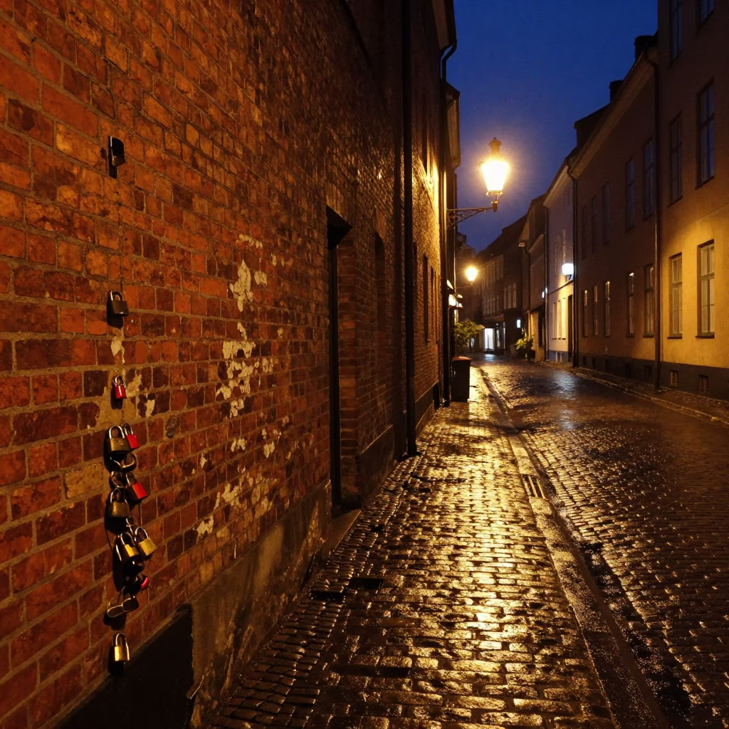 Late Night Copenhagen Street Scene with Padlock on Red Brick Wall and Wet Cobblestones in in Copenhagen, Denmark