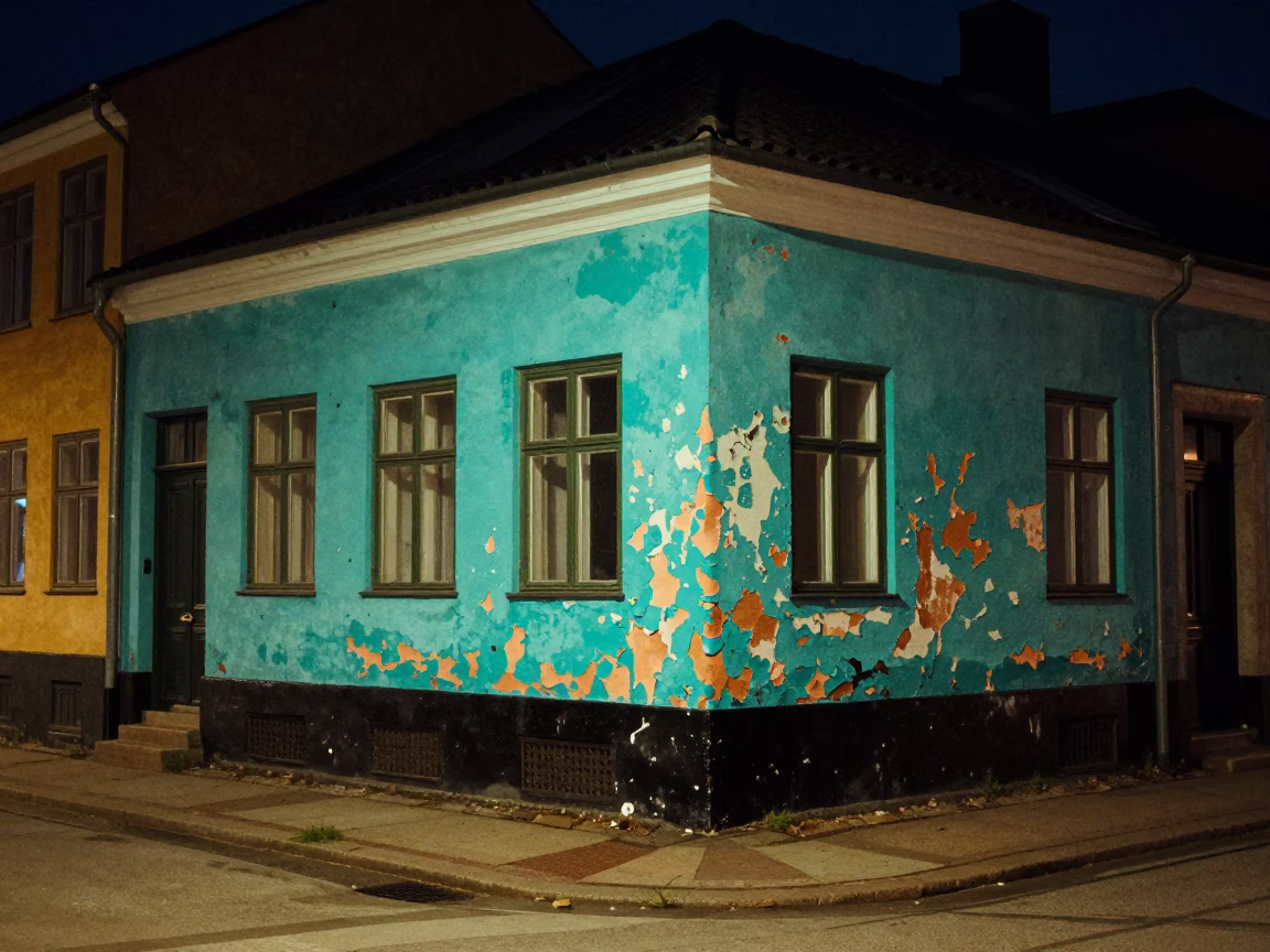 Late Night Copenhagen Street Scene with Peeling Turquoise Paint and Urban Life in in Copenhagen, Denmark