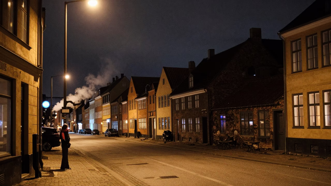 Late Night Copenhagen Street Scene with Scarf and Smudged Window Reflections in in Copenhagen, Denmark