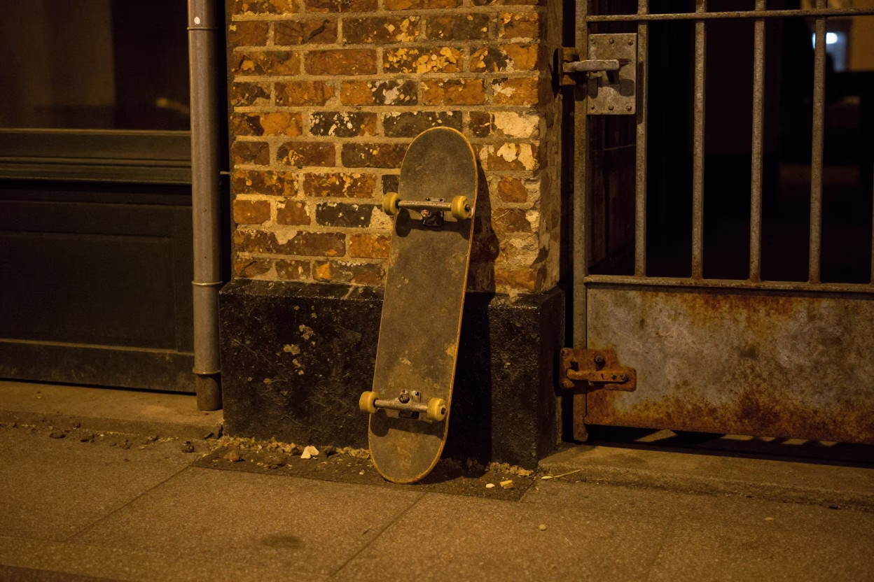 Late Night Copenhagen Street Scene with Skateboard and Rusty Metal Latch in in Copenhagen, Denmark