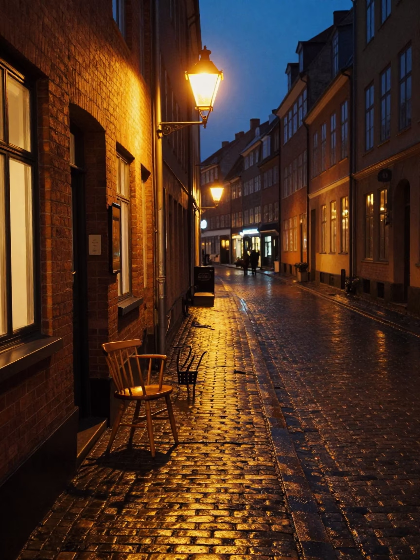 Late Night Copenhagen Street Scene with Spindle Chair and Candelabra Reflections in in Copenhagen, Denmark