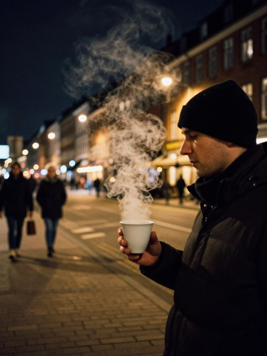 Late Night Copenhagen Street Scene with Steam Rising from a Cup in in Copenhagen, Denmark