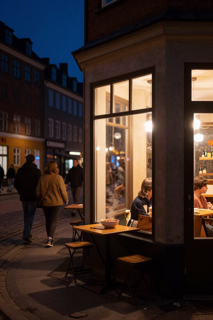 Late Night Copenhagen Street Scene with Vintage 1970s Atmosphere and Local Dining in in Copenhagen, Denmark