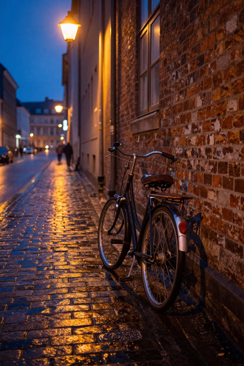 Late Night Copenhagen Street Scene with Vintage Bicycle and Cobblestone Alleyway in in Copenhagen, Denmark