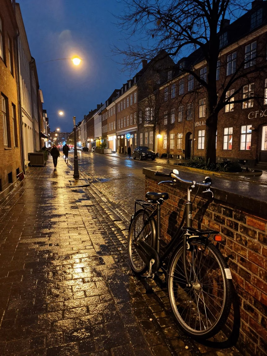 Late Night Copenhagen Street Scene with Vintage Bicycle and Wet Cobblestones in in Copenhagen, Denmark