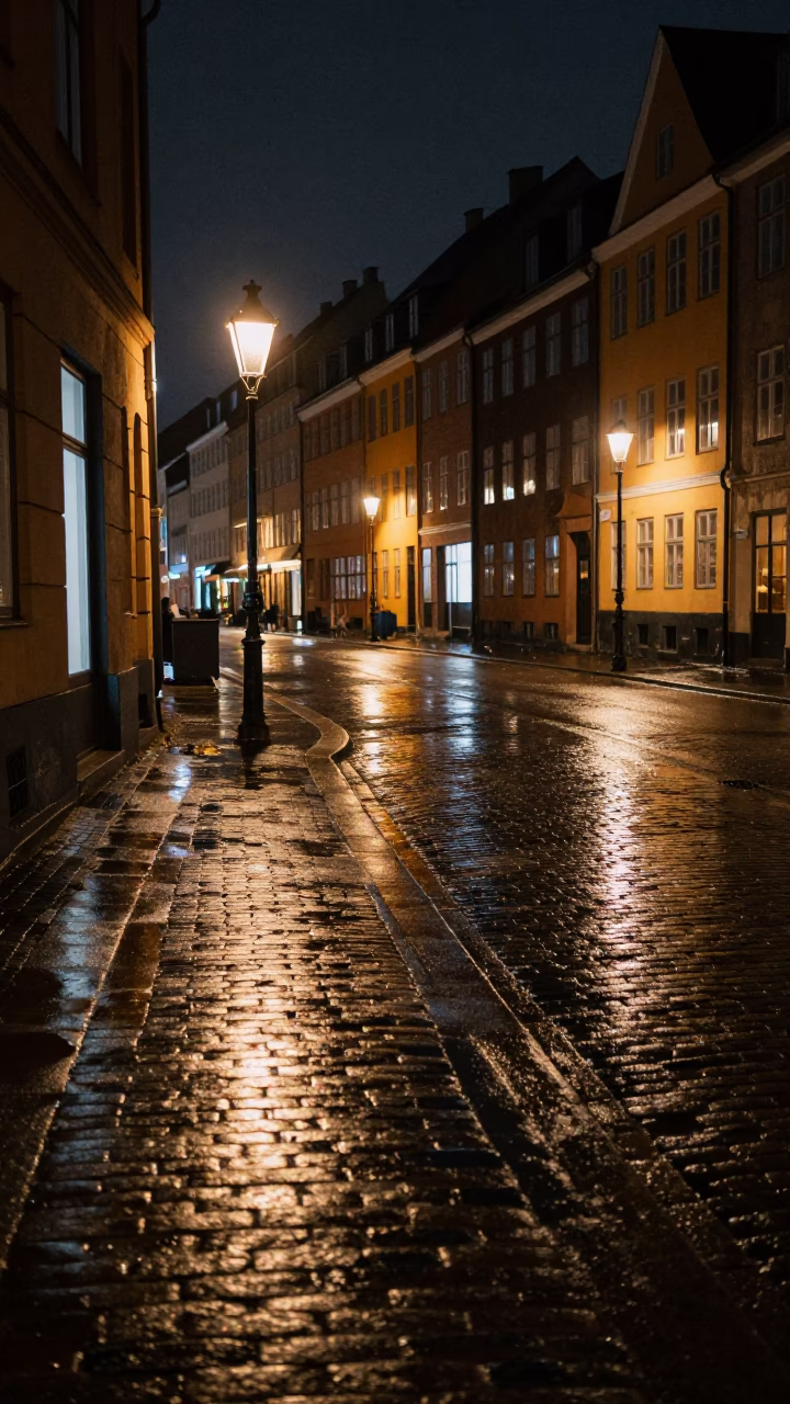 Late Night Copenhagen Street Scene with Wet Cobblestones and Harbor Reflections in in Copenhagen, Denmark