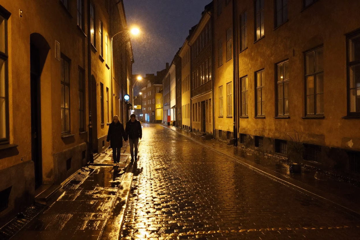 Late Night Copenhagen Street Scene with Wet Pavement and Iron Hook in in Copenhagen, Denmark