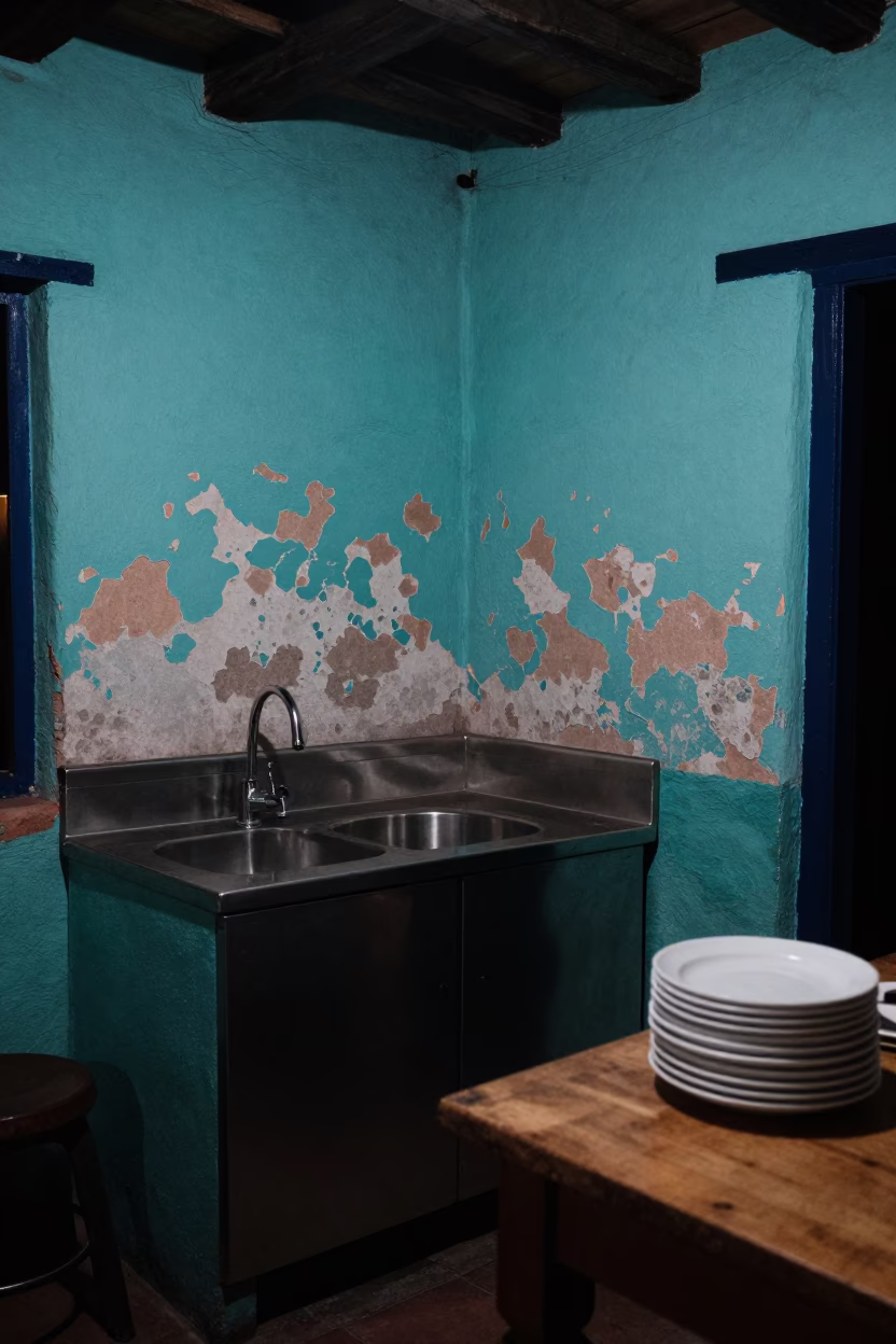 Late Night Cusco Kitchen with Peeling Turquoise Paint and Washing Basin in in Cusco, Peru