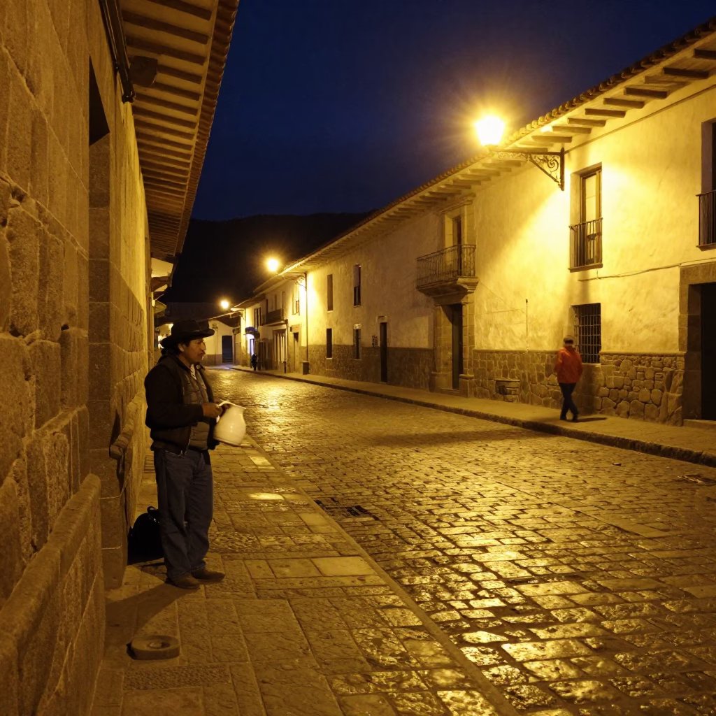 Late Night Cusco Peru Street Scene with Pitcher and Stone Architecture in in Cusco, Peru