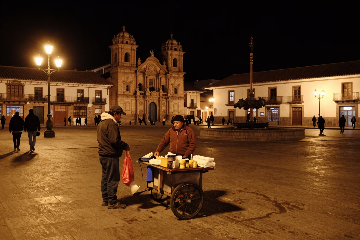 Late Night Cusco Plaza de Armas with Local Vendor and Coffee Mugs in in Cusco, Peru