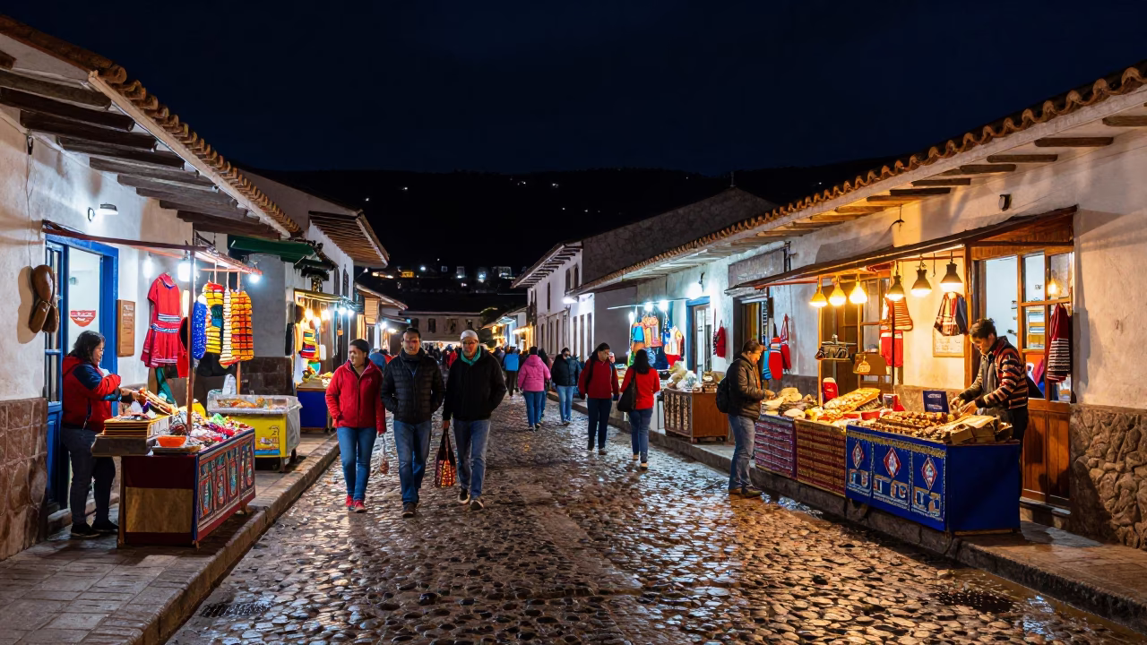 Late Night Cusco Street Scene with Colorful Stalls and Pedestrians in in Cusco, Peru