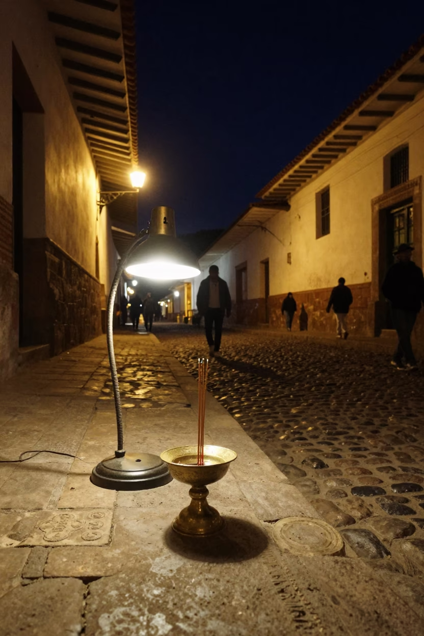 Late Night Cusco Street Scene with Incense Holder and Desk Lamp in in Cusco, Peru