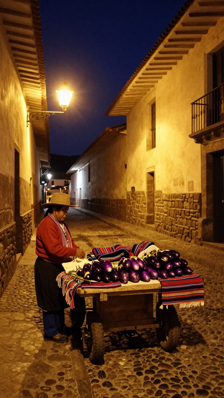 Late Night Cusco Street Scene with Local Vendor and Traditional Textiles in in Cusco, Peru