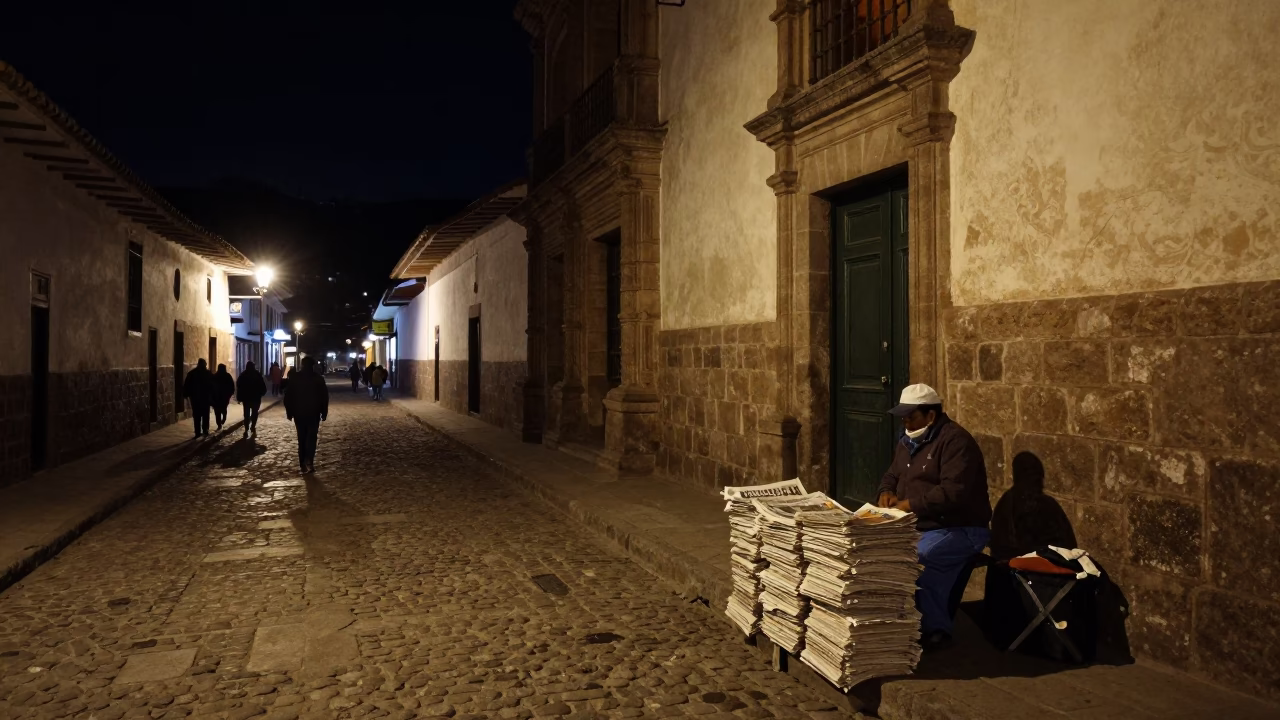 Late Night Cusco Street Scene with Newspaper Stack and Candlestick Light in in Cusco, Peru