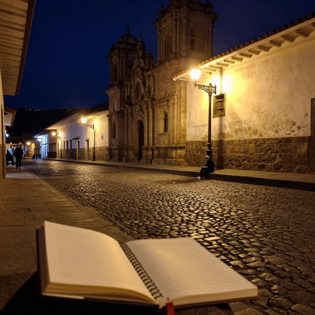 Late Night Cusco Street Scene with Notebook and Cobblestone Architecture in in Cusco, Peru