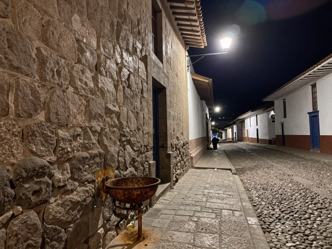 Late Night Cusco Street Scene with Rusty Basin and Straight Razor on Stone Wall in in Cusco, Peru