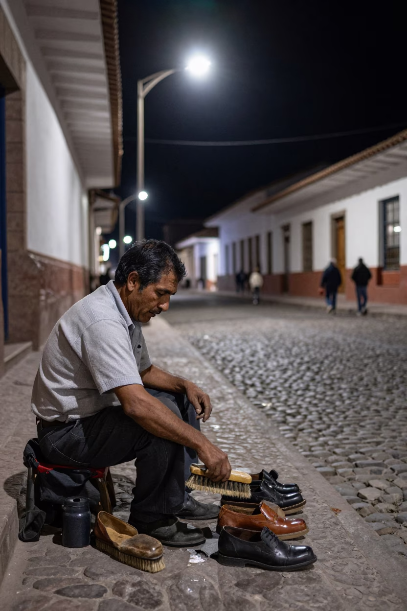 Late Night Cusco Street Scene with Shoe Shine and Enamel Bowls in in Cusco, Peru