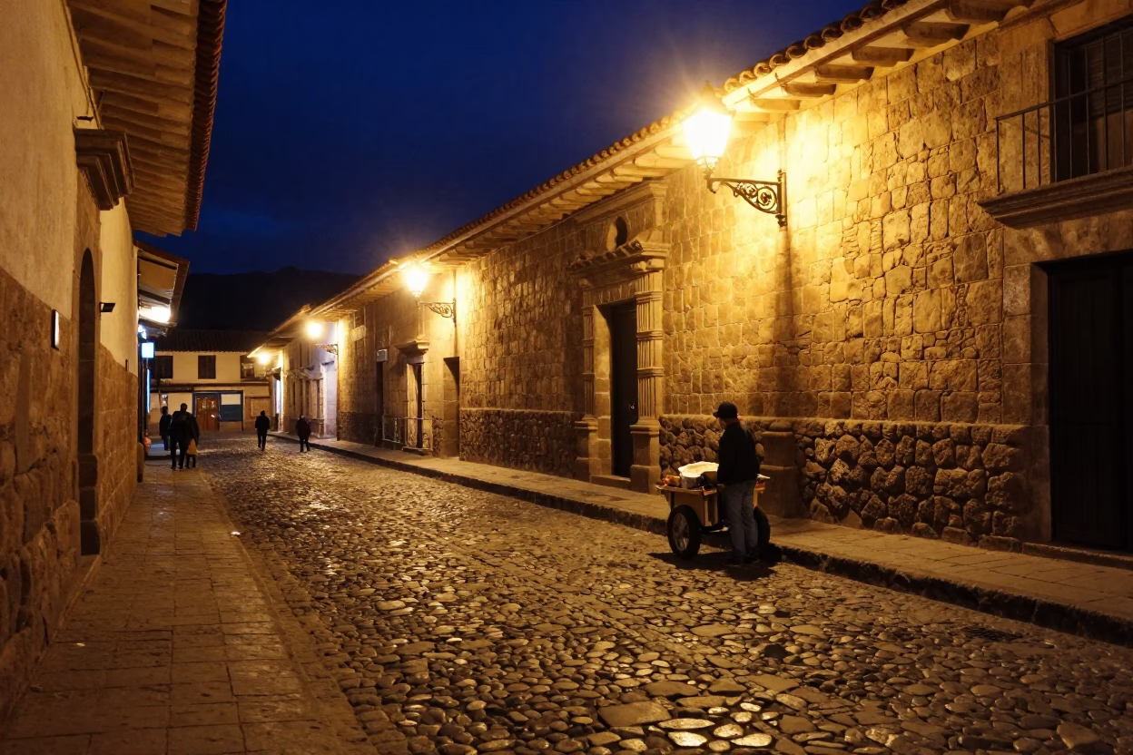 Late Night Cusco Street Scene with Stone Architecture and Local Life in in Cusco, Peru