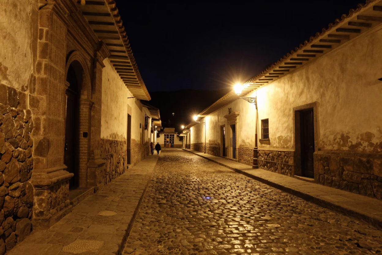 Late Night Cusco Street Scene with Stone Walls and Local Nightlife in in Cusco, Peru