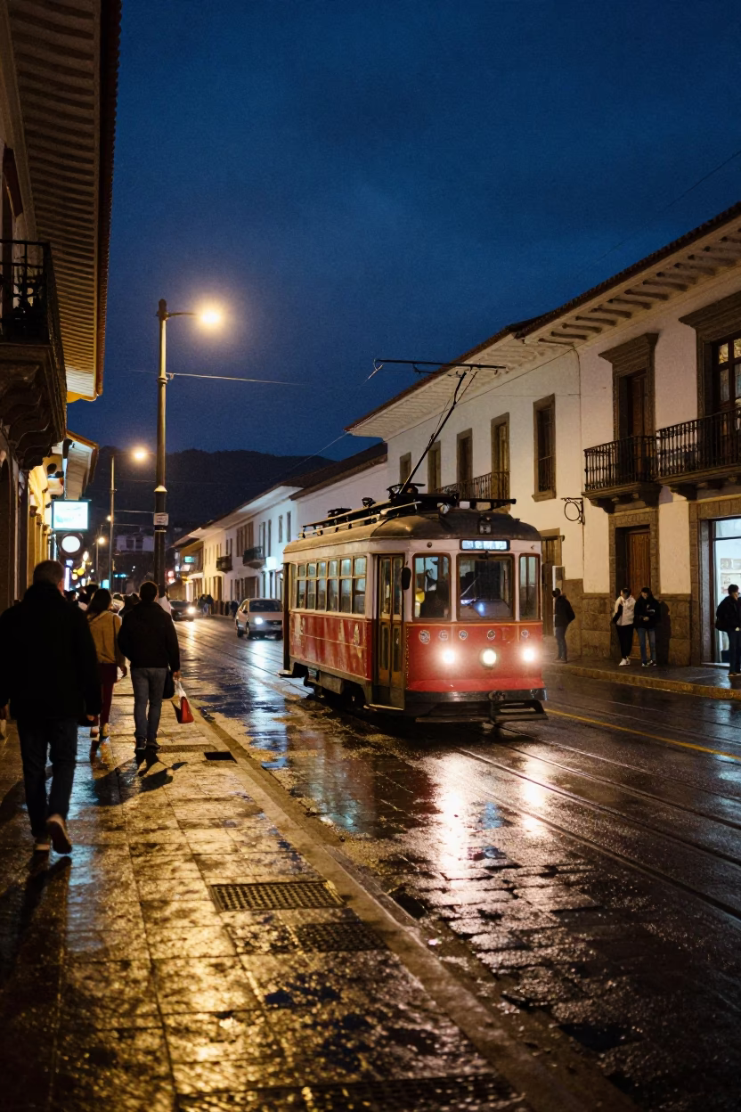 Late Night Cusco Street Scene with Tram and Local Interaction in in Cusco, Peru