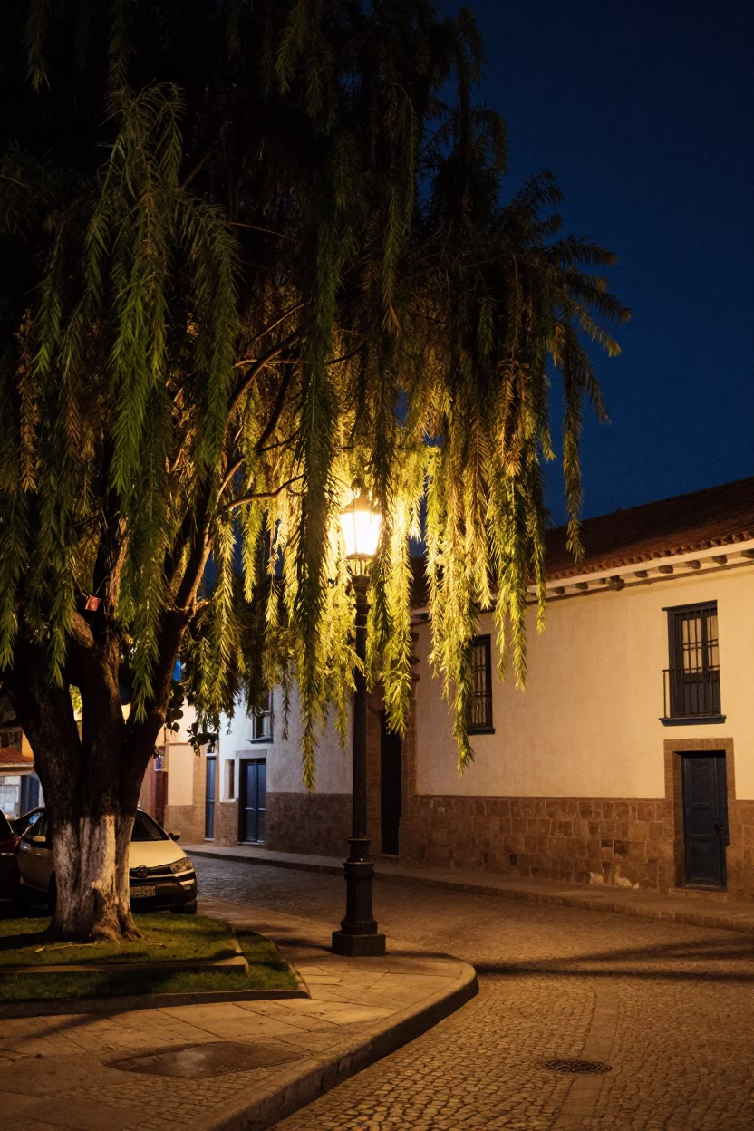 Late Night Cusco Street Scene with Willow Tree and Gate Handle in Peru in in Cusco, Peru