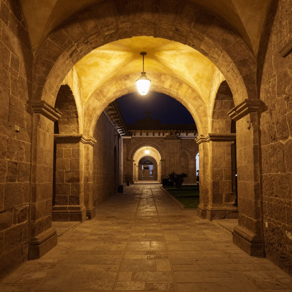 Late Night Cusco University Cloister Stone Walkway with Local Interaction in in Cusco, Peru