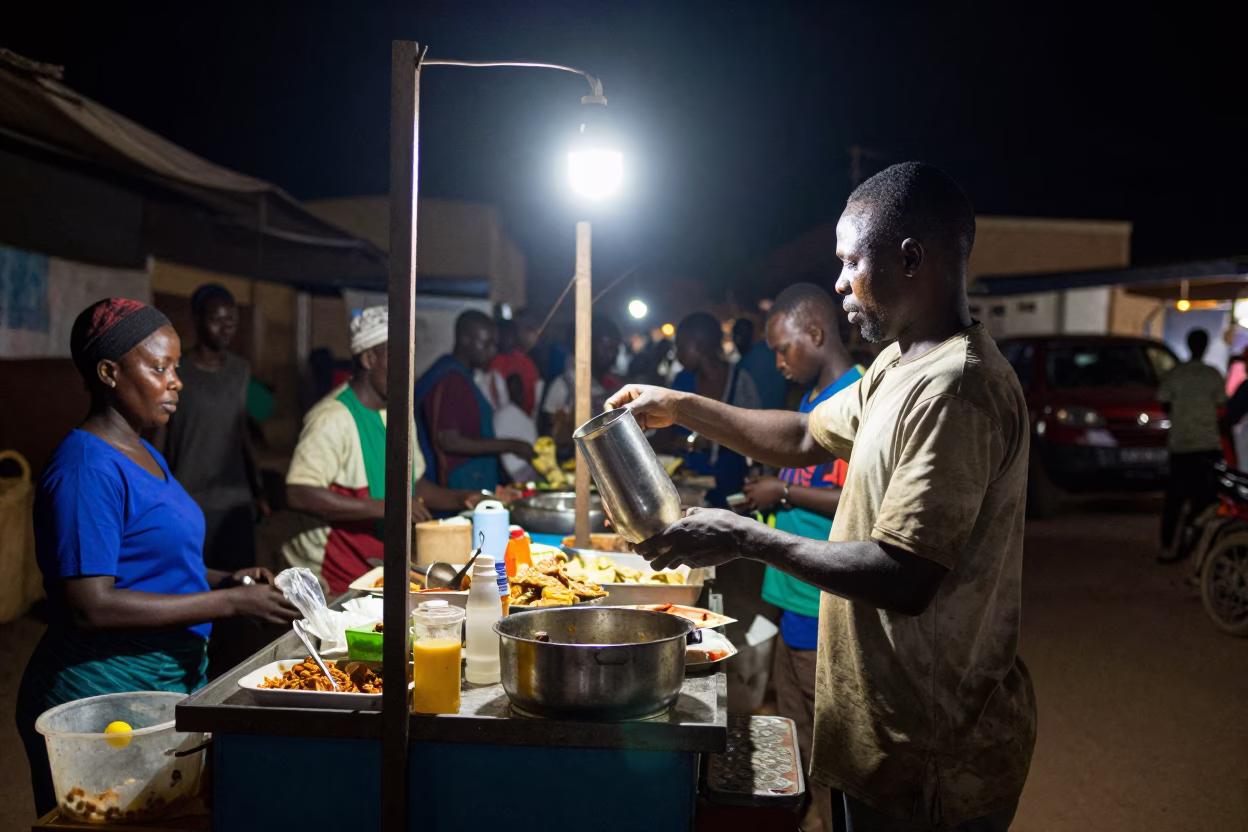 Late Night Dakar Street Food Stall with Drinking Vessel and Brass Escutcheon Detail in in Dakar, Senegal