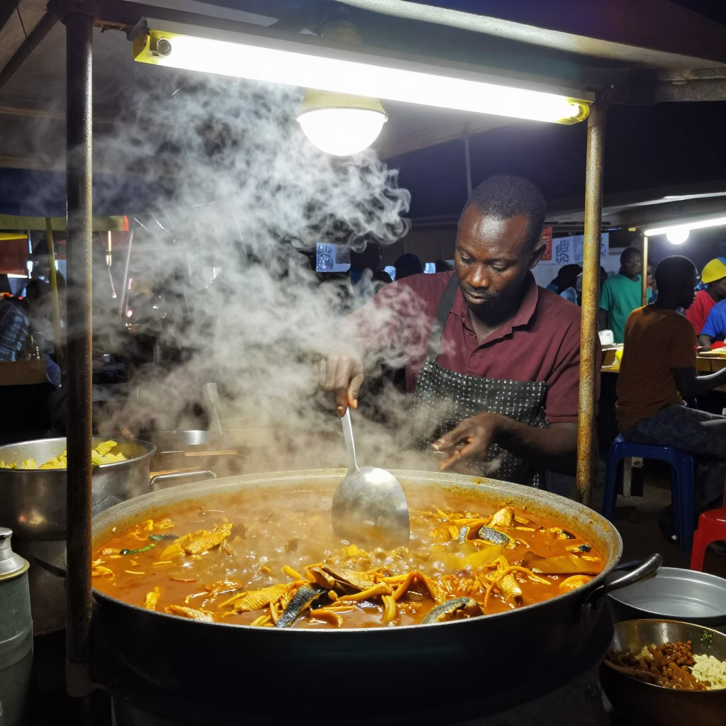 Late Night Dakar Street Food Vendor Cooking Thieboudienne Under Neon Lights in in Dakar, Senegal