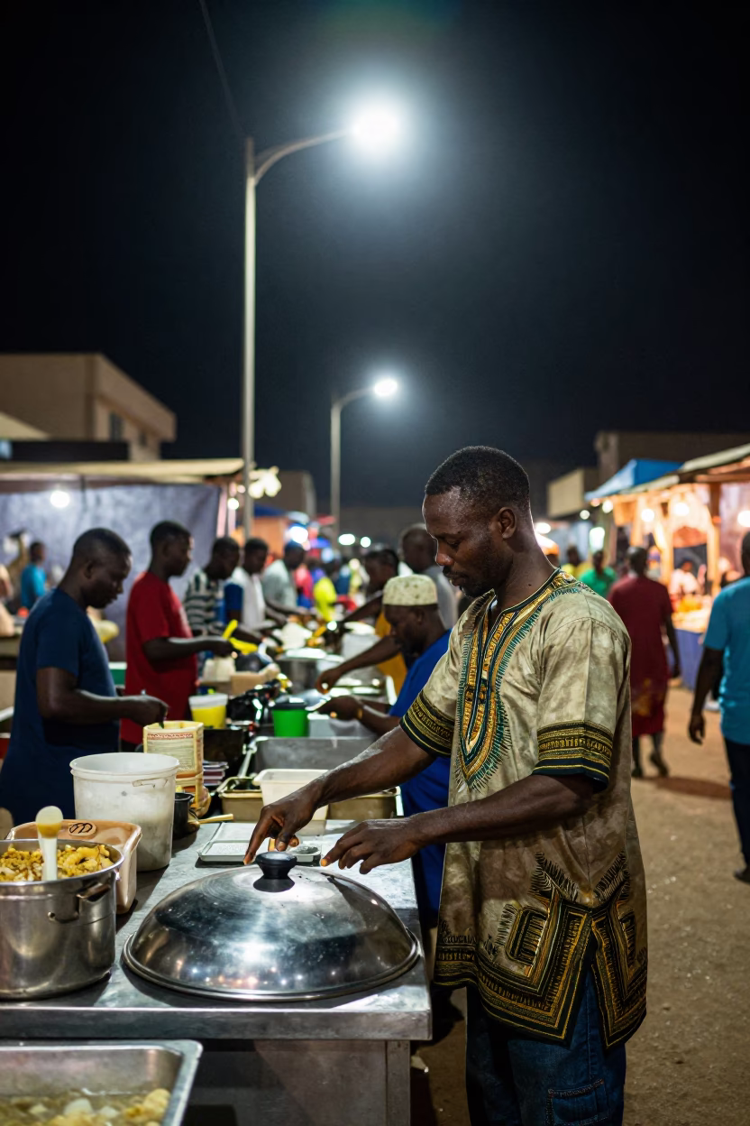 Late Night Dakar Street Food Vendor with Pot Lid and Adjustable Spanner in in Dakar, Senegal