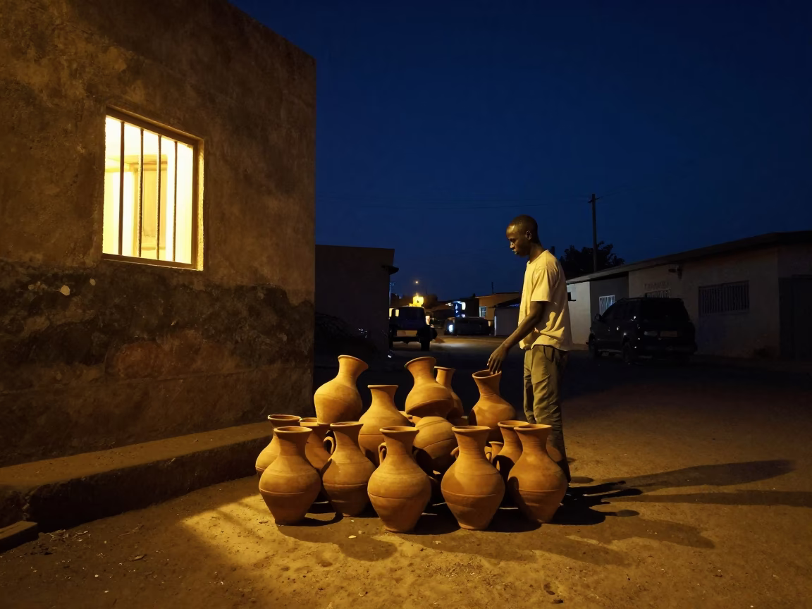 Late Night Dakar Street Scene with Clay Pots and Vintage Telephone in in Dakar, Senegal