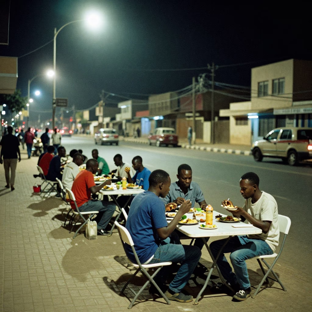 Late Night Dakar Street Scene with Folding Tables and Local Activity in in Dakar, Senegal
