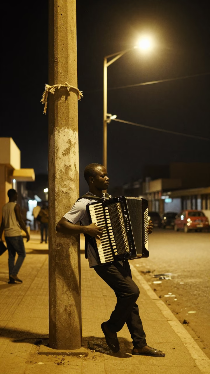 Late Night Dakar Street Scene with Frayed Rope and Accordion Detail in in Dakar, Senegal