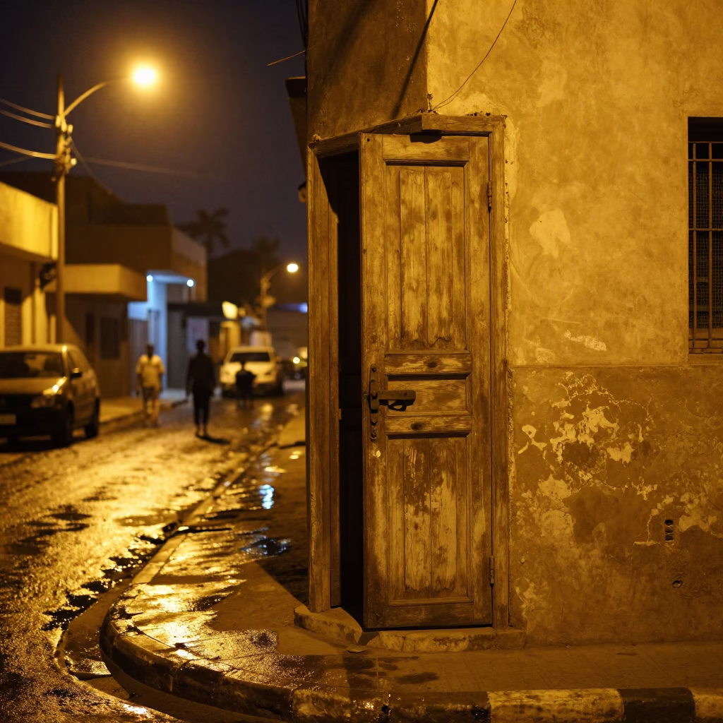 Late Night Dakar Street Scene with Iron Deadbolt and Linen Cloth in in Dakar, Senegal
