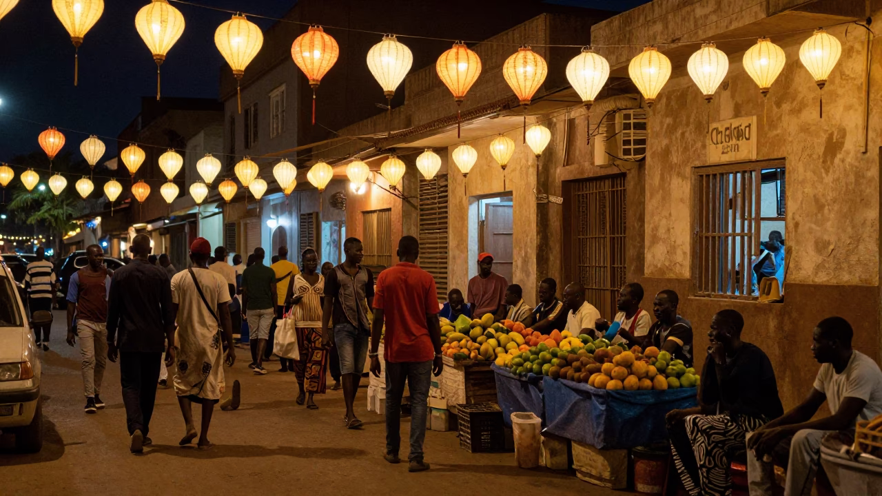 Late Night Dakar Street Scene with Paper Lanterns and Busy Traffic in in Dakar, Senegal