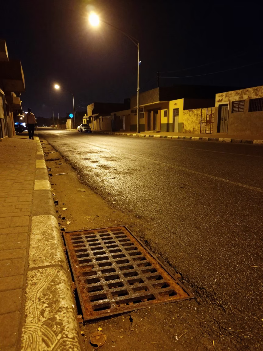 Late Night Dakar Street Scene with Rusty Drain and Candlelight in in Dakar, Senegal