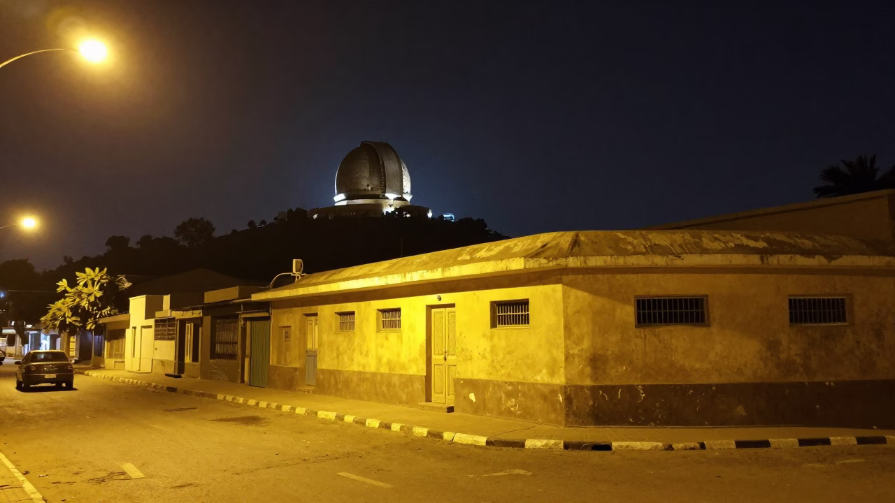 Late Night Dakar Street Scene with Spirit Level and Stone Architecture in in Dakar, Senegal