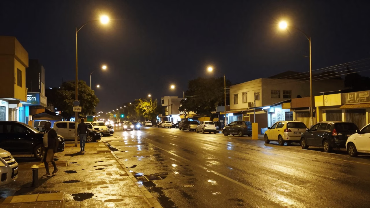 Late Night Dakar Street Scene with Streetlights and Urban Activity in in Dakar, Senegal