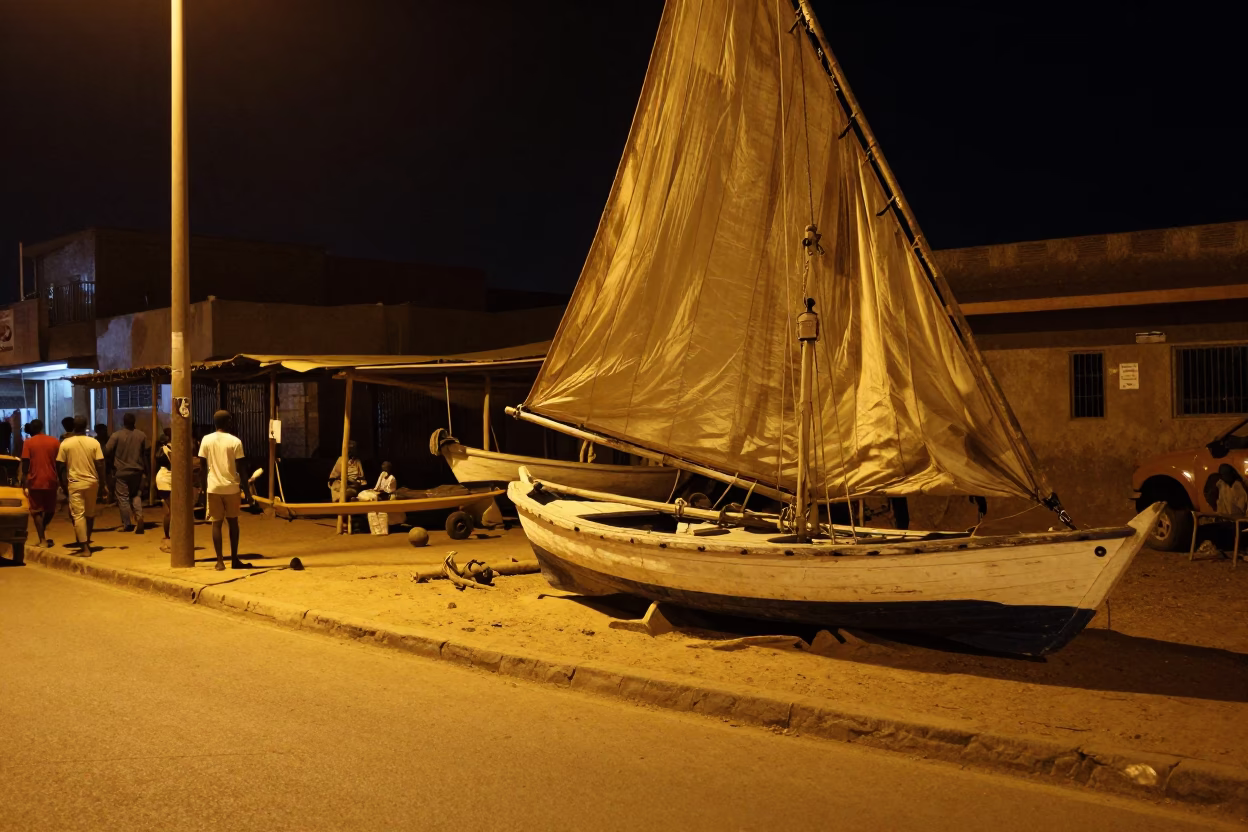 Late Night Dakar Street Scene with Wooden Sailboat and Local Fruit Vendor in in Dakar, Senegal