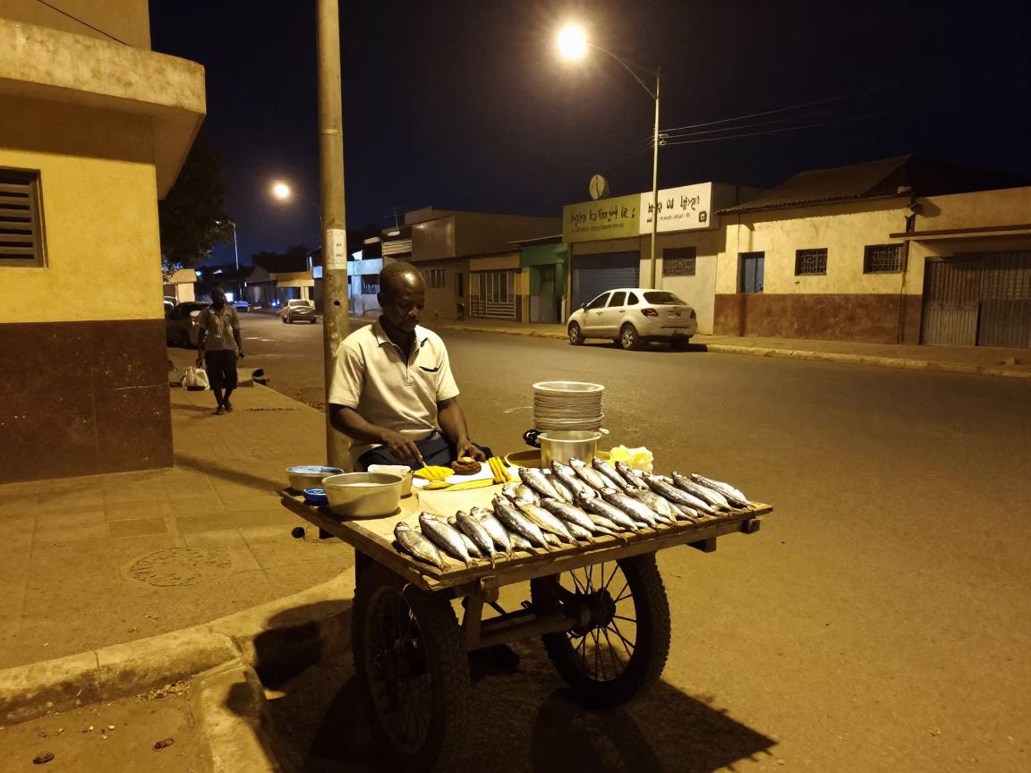 Late Night Dakar Street Vendor Selling Fresh Sardines Under Streetlamp Glow in in Dakar, Senegal