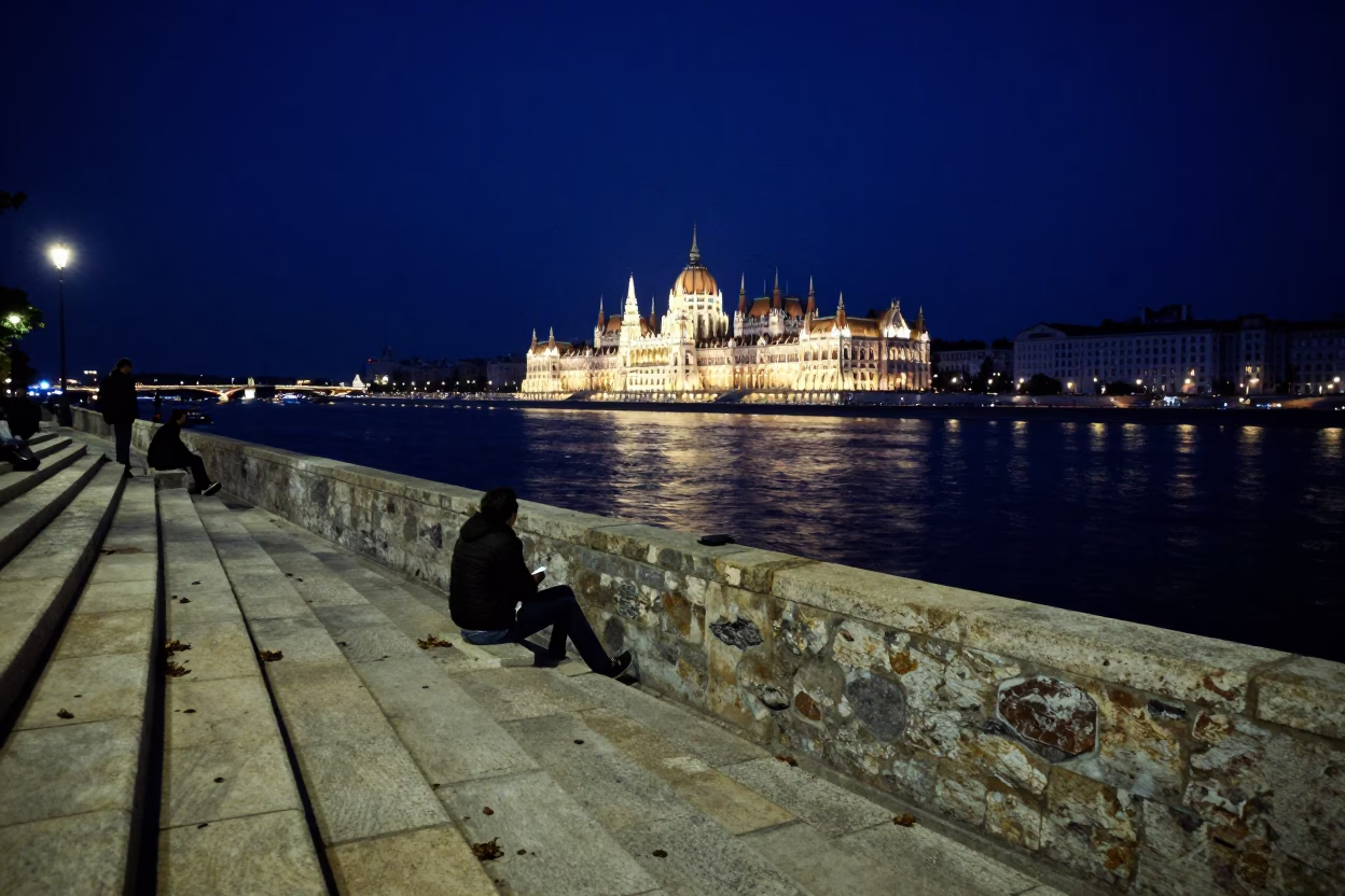 Late Night Danube Riverbank Scene with Stone Embankment and City Lights in Budapest Hungary in in Budapest, Hungary