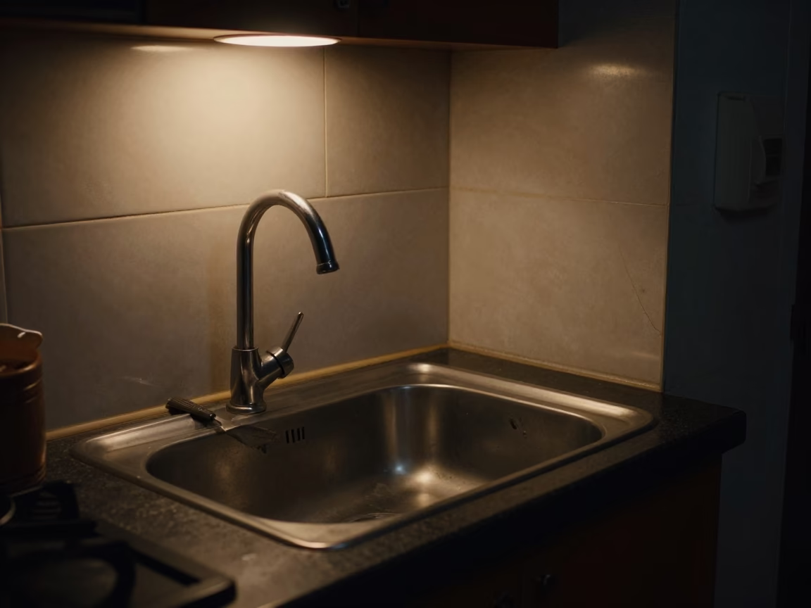 Late Night Delhi Kitchen Scene with Sink and Spatula in in Delhi, India