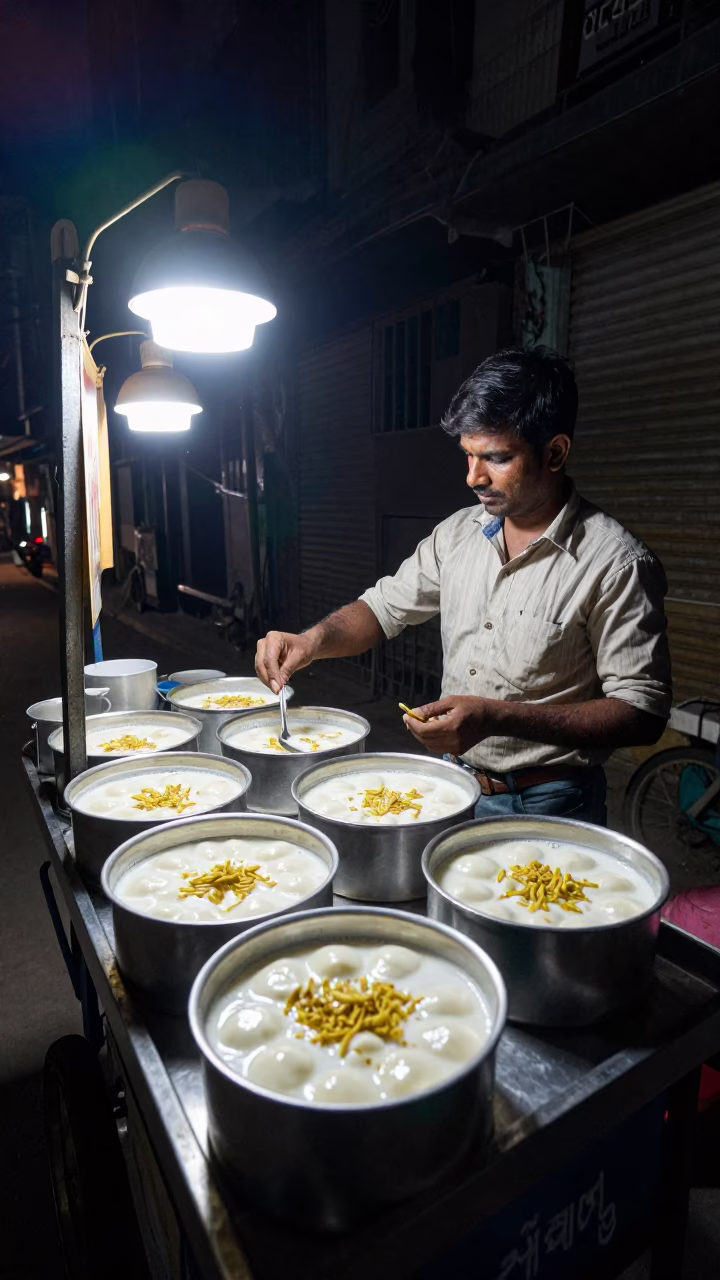 Late Night Delhi Street Food Stall with Ras Malai and Basil Leaves in in Delhi, India