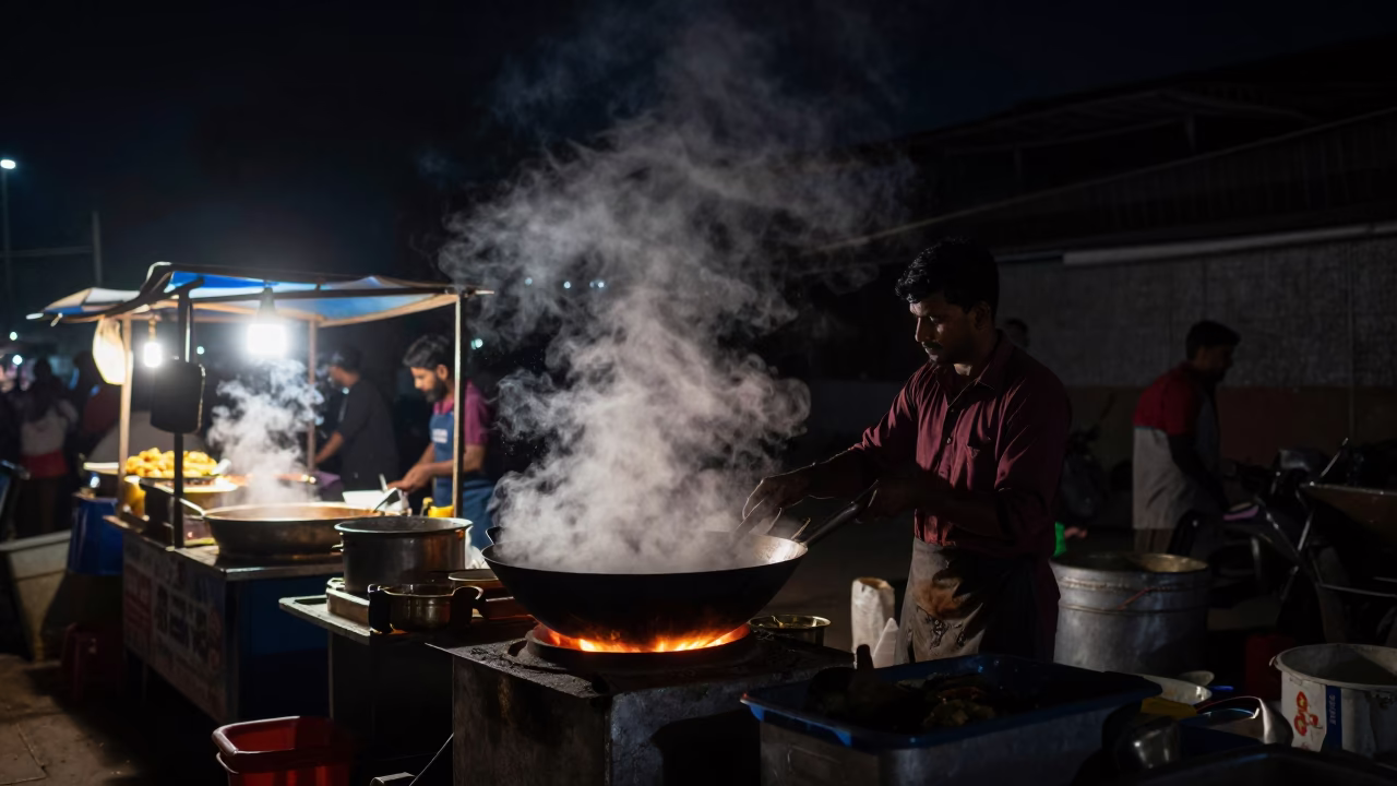 Late Night Delhi Street Food Stall with Steam and Night Sky in in Delhi, India