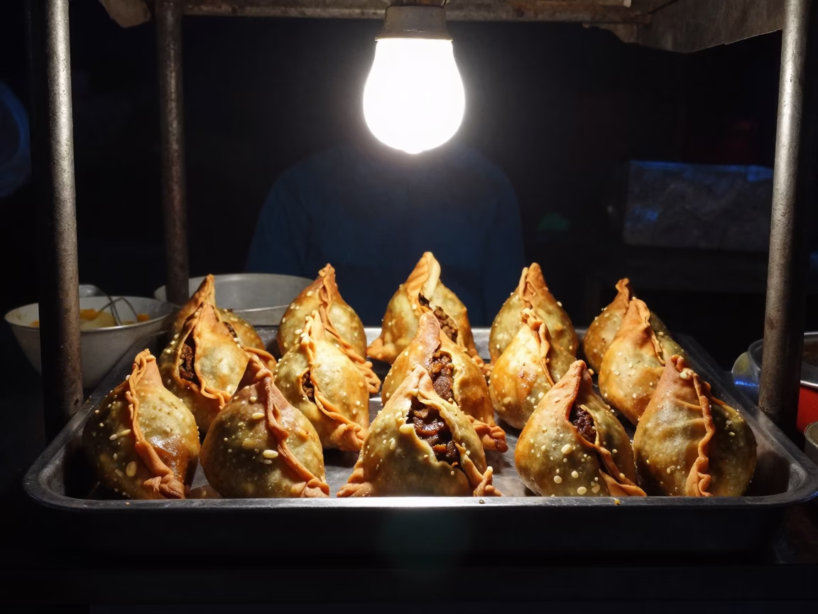 Late Night Delhi Street Food Stall with Tray of Samosas and Spiced Meat Filling in in Delhi, India