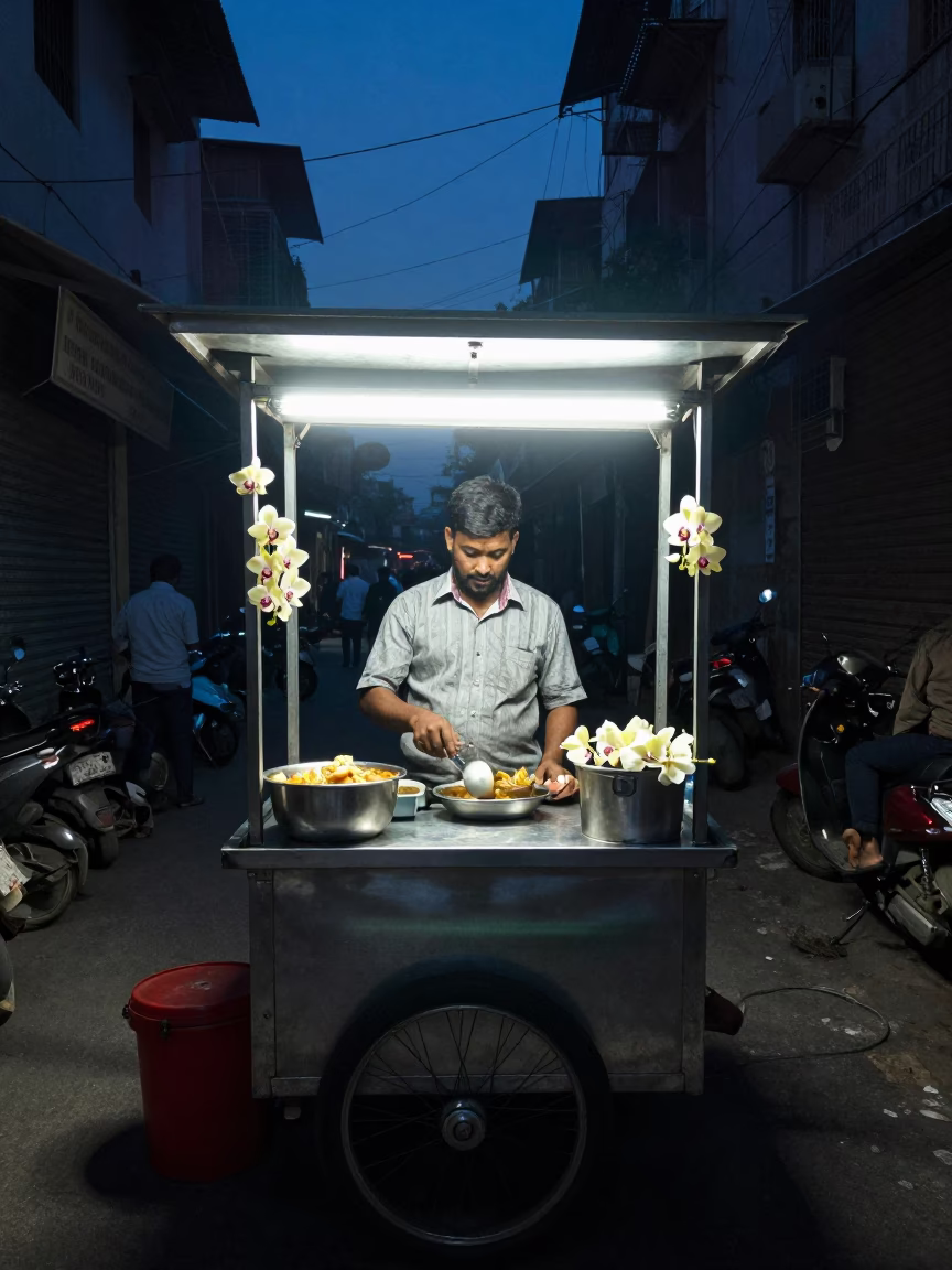 Late Night Delhi Street Food Stall with Vanilla Orchid and Ca Phe Sua Da in in Delhi, India