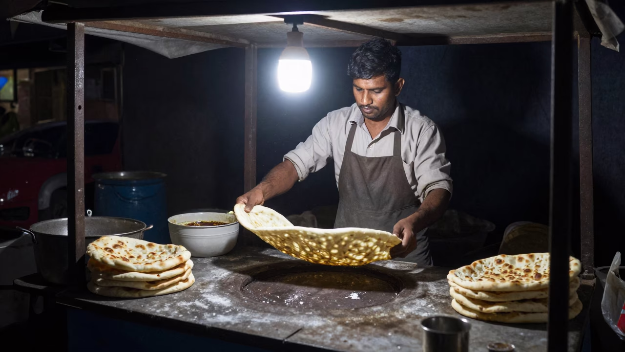 Late Night Delhi Street Food Vendor Cooking Tandoori Naan on Clay Oven in in Delhi, India