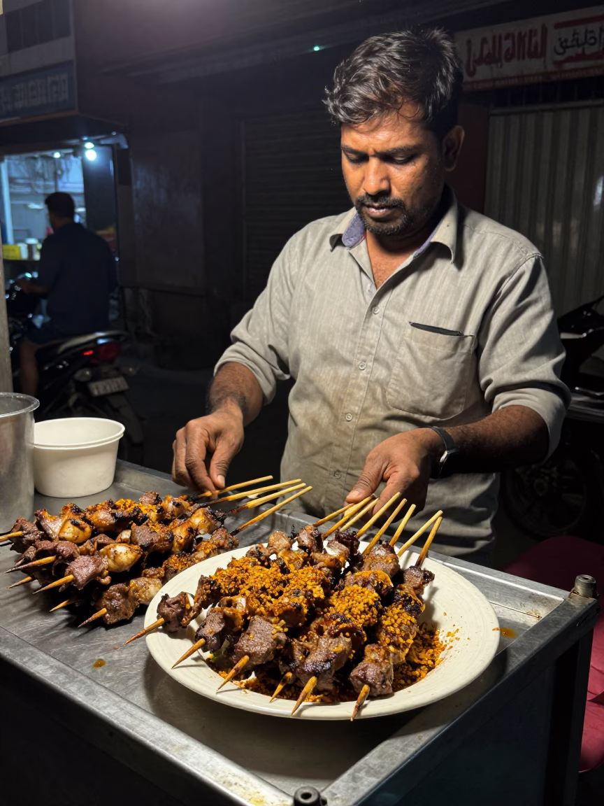 Late Night Delhi Street Food Vendor Serving Suya Skewers with Groundnut Spice Under Streetlights in in Delhi, India