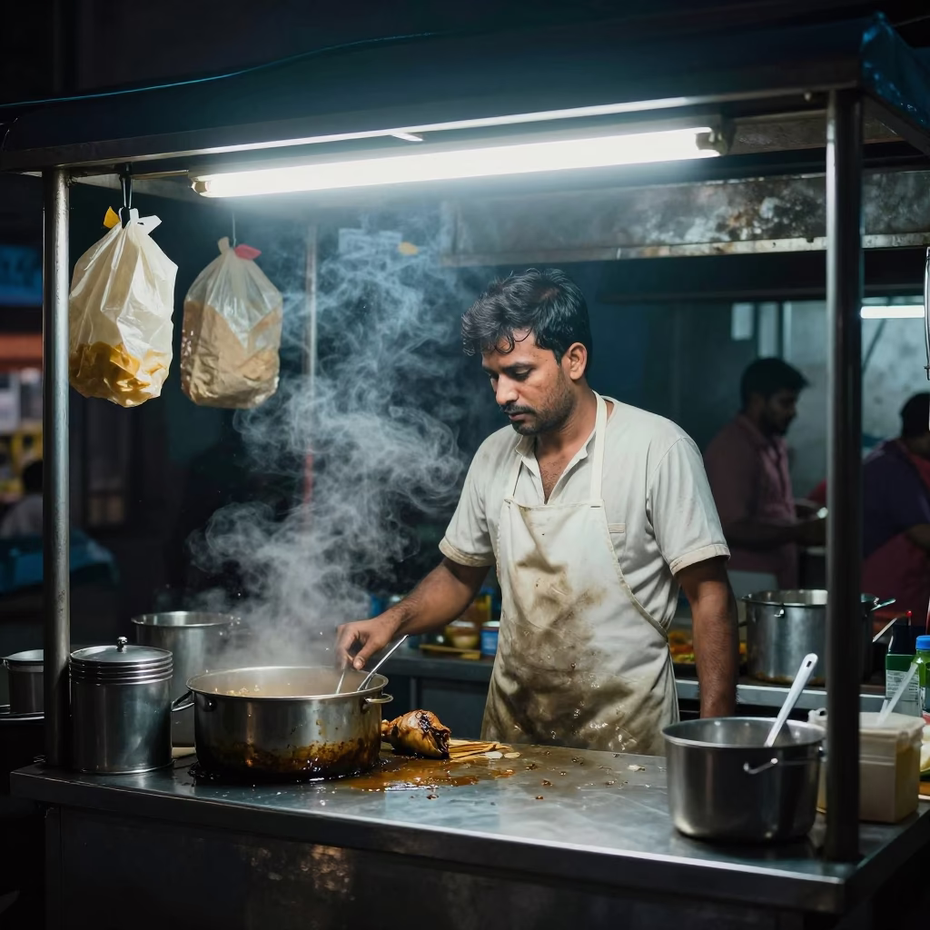 Late Night Delhi Street Kitchen Chaos with Grease Sheen and Glass Tumbler in in Delhi, India