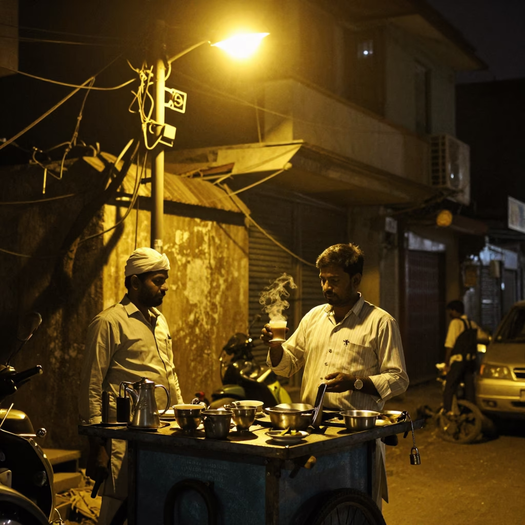Late Night Delhi Street Scene with Chai and Padlock at Night in in Delhi, India